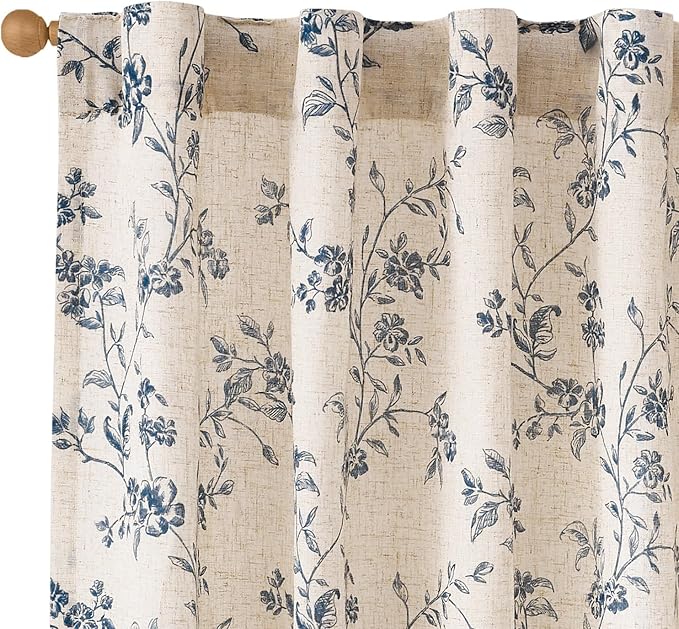Blue Vintage Floral Linen Curtains Farmhouse 38W X 90L 2 Panels | Elisa Series by Lazzzy