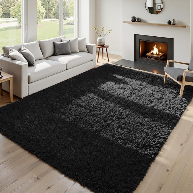 9x12 Fluffy Shag Area Rugs for Living Room Bedroom: Soft Plush Carpet Black | - Image 9
