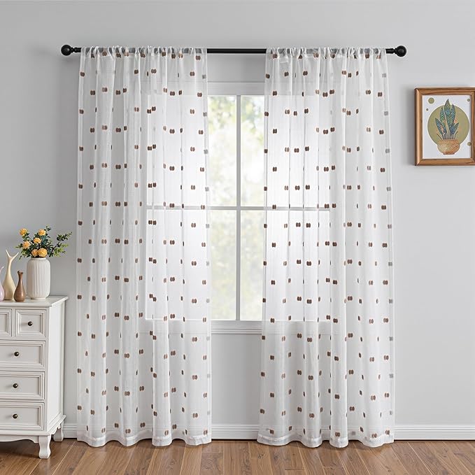 MYSKY HOME White Curtains for Bedroom 72 Inch Length Long Sheer Curtains for Kids Room Nursery Curtains with Taupe Patched Design Rod Pocket Privacy Window Drapes Dining Room 52" x 72" 2 Panels