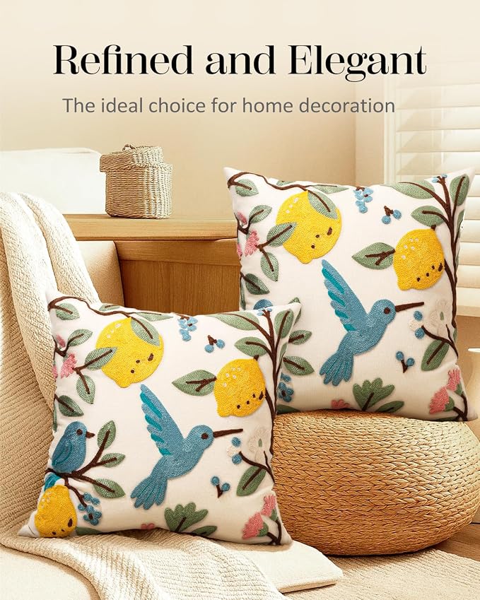 Embroidered Throw Pillow Covers 18x18 Inch, Bird Lemon | Decorative Pillow - Image 5