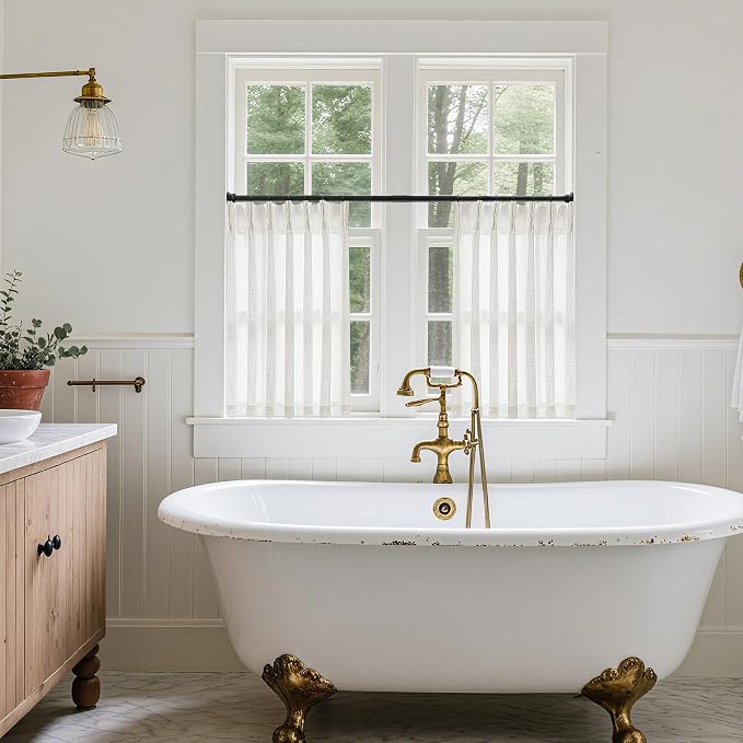 Beige White Linen Kitchen 24 Inch Curtain 2 Panels Pinch Pleat | Off White - Image 7