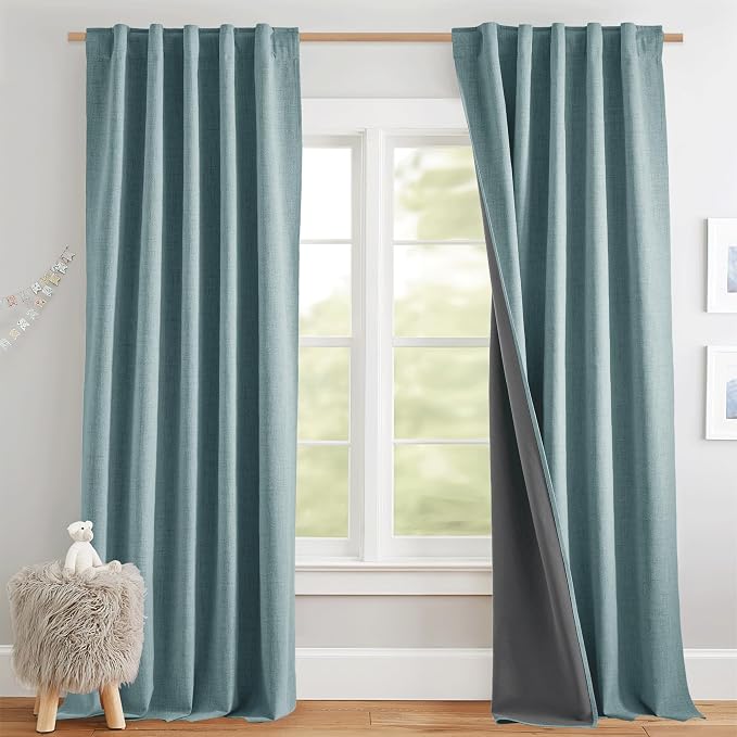 NICETOWN Skylark Blue Full Blackout Back Tab Linen Curtains - Image 2