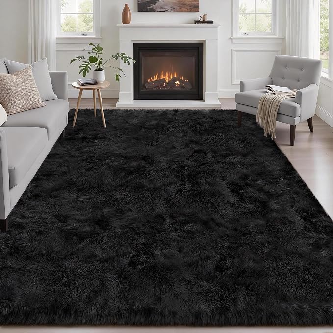 Area Rug Living Room Bedroom: 4x6 Fluffy Plush Shag Carpet Black | by Luxturiy