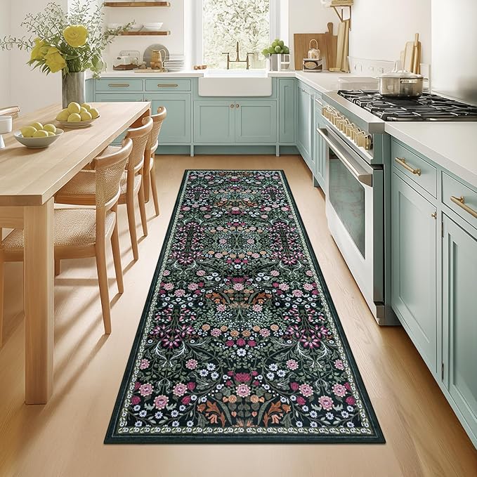 PLHXFR 2.6x8 Washable Runner Rug：Floral Indoor Kitchen Carpet Dark Green | by PLHXFRSoftAreaRugs