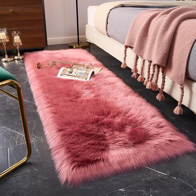 EasyJoy Ultra Soft Fluffy Faux Fur Rug, 2x6 ft Rectangle, Blush Pink | Chair by EasyJoy