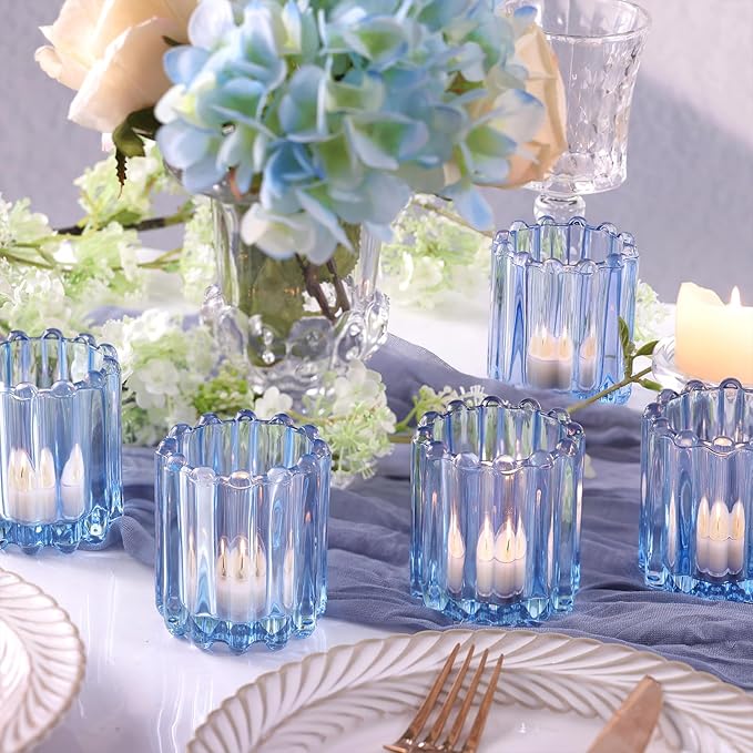 6 PCS Votive Candle Holder, Blue Glass Candle Holders, Tealight Candle Holder for Wedding Centerpieces Dinner Party Baby Shower Table Decor