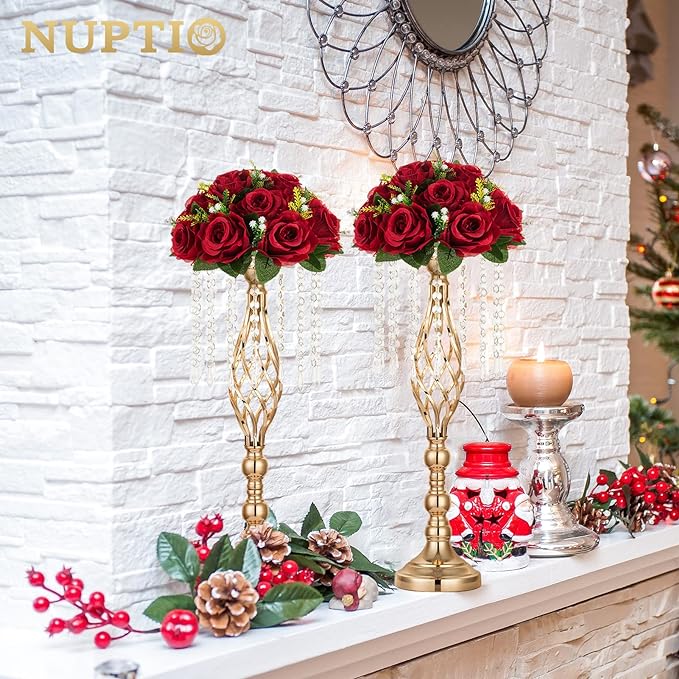 NUPTIO Flower Wedding Centrepieces for Tables - 10 Pcs 9.5in Diameter Crimson Artificial Flowers Rose Ball for Centerpieces Table - Fake Rose Arrangements for Weddings Birthday Party Decor