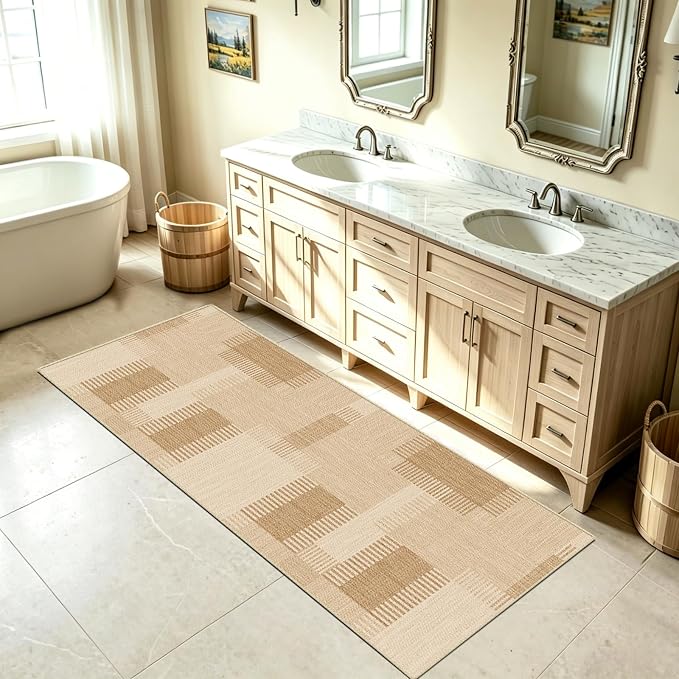 Faux Linen Washable Runner Rug Water Absorbent Surface 2x6 Beige | Non-Slip TPR - Image 2