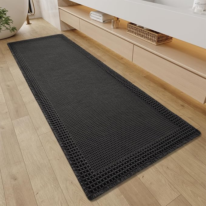 RESARE Waffle Bathroom Runner Rugs, Non Slip Boho Bath Mat 24"x60" Black | Long by Resare