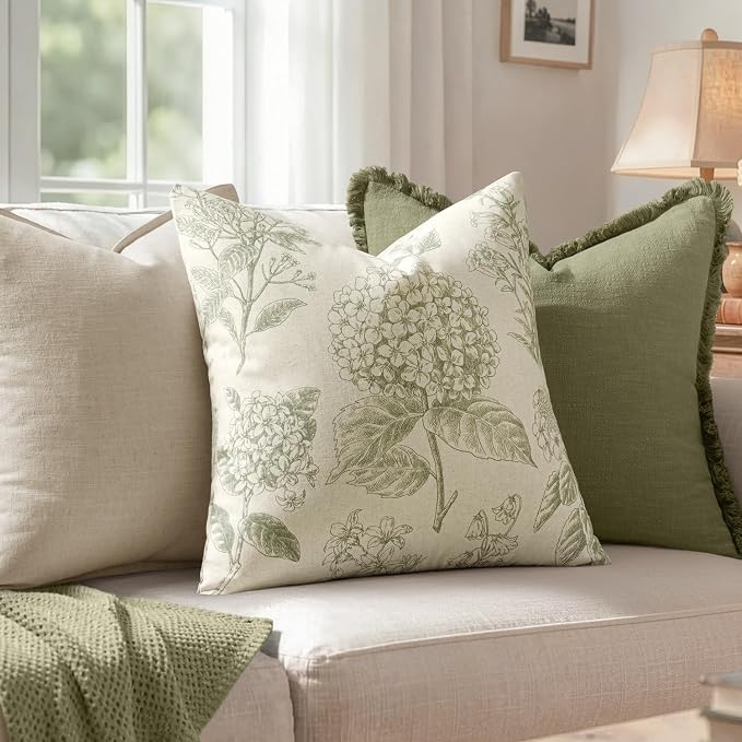 Set of 2 Decorative Floral Pillow Covers 18x18 Inch Sage Green | Neutral - Image 3