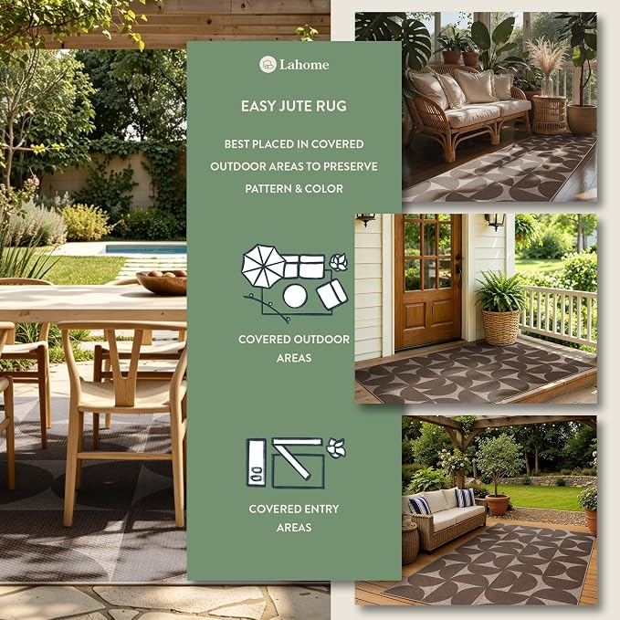 Lahome Tan Outdoor Rug 5x7, Semi Circle Easy Jute Indoor Outdoor Patio Rug | ug - Image 2