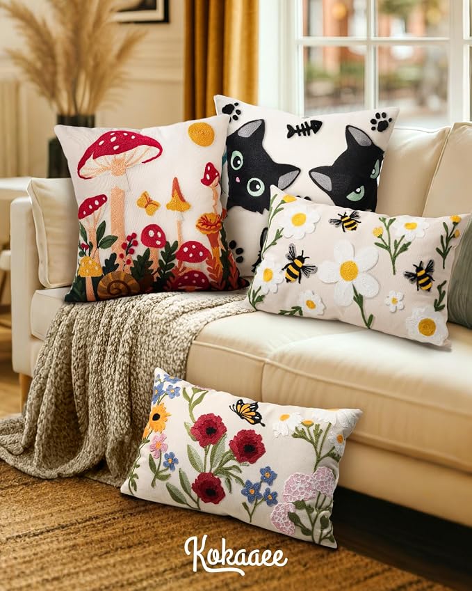 Embroidered Lumbar Pillow Cover 20x12 Inch, Retro Flower | Decorative Throw - Image 6