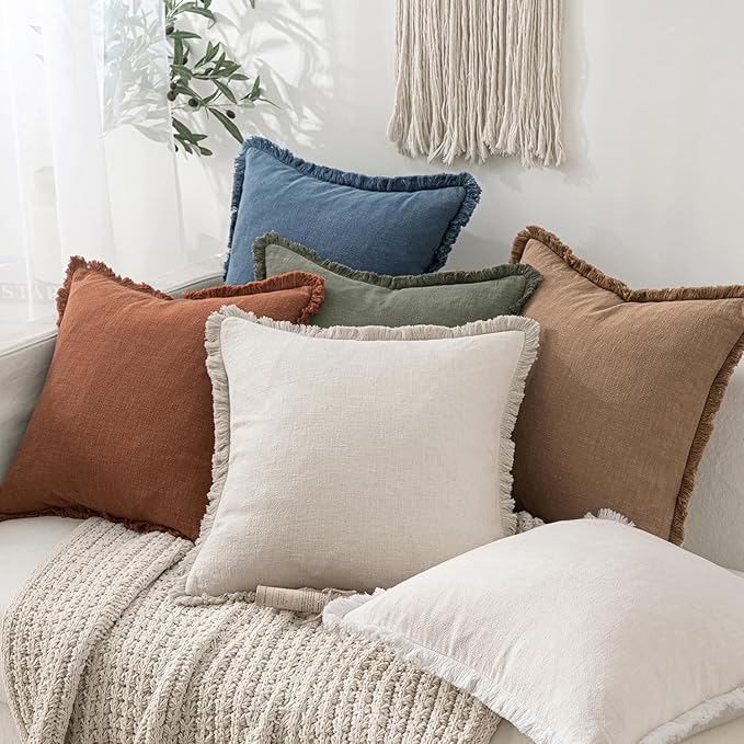 MIULEE Linen Fringe Decorative Lumbar Throw Pillow Covers Blue Ashes 12x20 | - Image 6