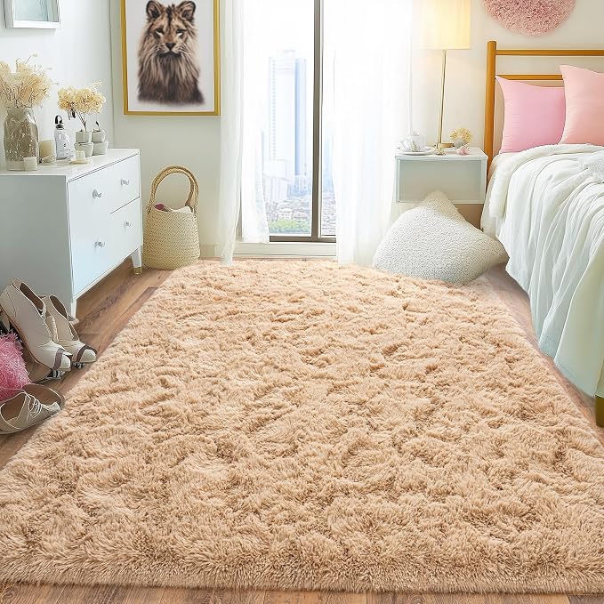 Pionblank Fluffy Area Rug for Bedroom 4x6, Indoor Plush Carpet, Camel | Shag - Image 2