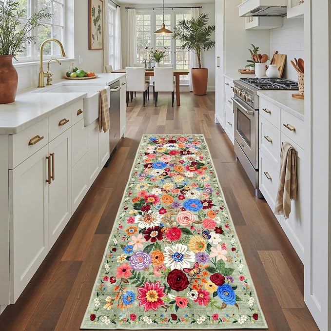Rug for Hallways Kitchen Runner 2x8 Green | Non Slip Washable Rugs by WelcometoBabovid
