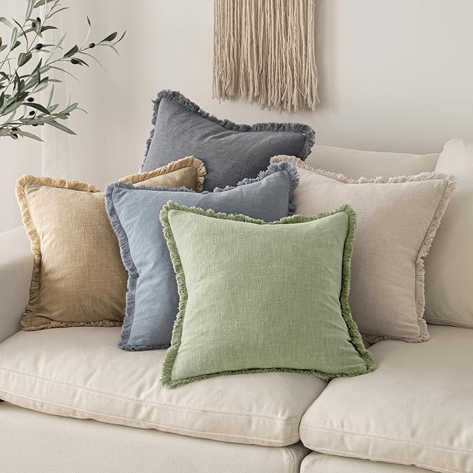 MIULEE Boho Linen Fringe Decorative Throw Pillow Covers Sage Green 20x20 | Set - Image 5