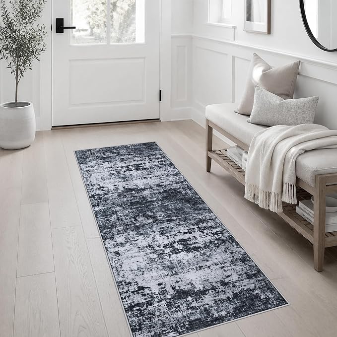 2x5 Washable Runner Rug：Modern Abstract Kitchen Carpet Black | - Image 4