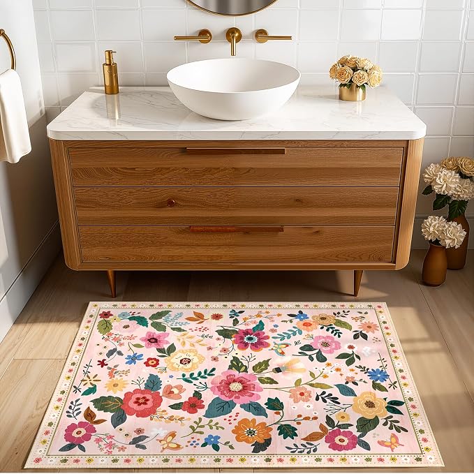 RELEANY Floral Washable 2x3 Area Rugs Doormat Pink | Flower Carpet Print Boho - Image 3