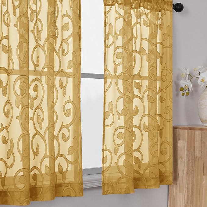 Furman Sheer Curtains 45 Inch Length 2 Panels Set, Elegant Geometric Jacquard by OWENIE
