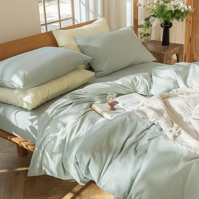 MooMee Bedding Duvet Cover Set 100% Washed Cotton Linen Like Textured Breathable Durable Soft Comfy (Heathered Sage Green, Palatial King/Oversized King 120"x98")
