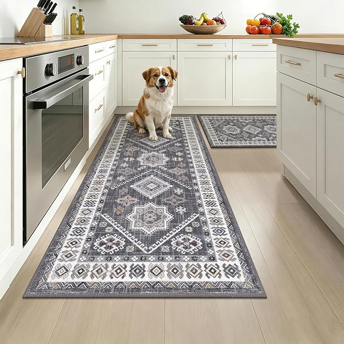 HEBE Boho Kitchen Rugs Set of 2, Non Slip Washable Kitchen Mats by HEBE