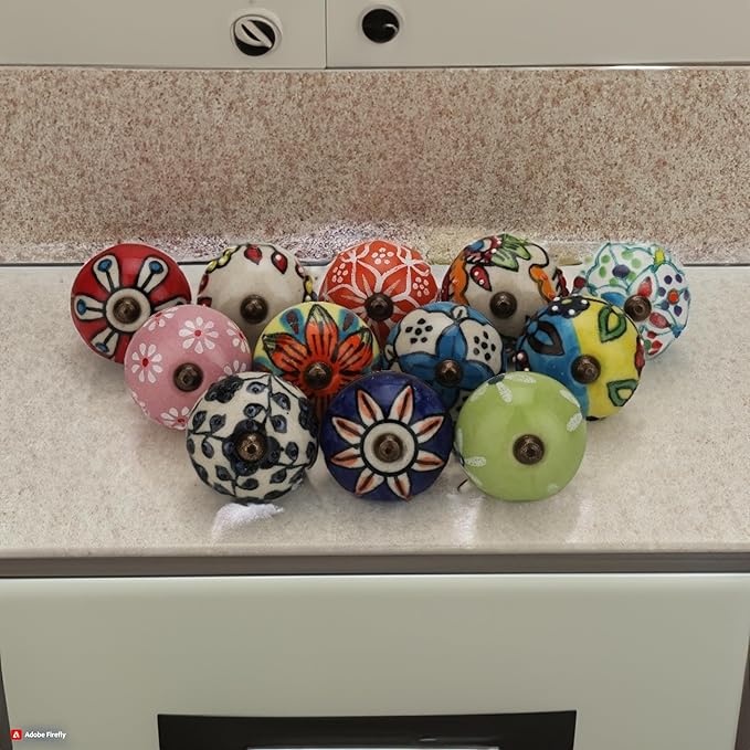 Ceramic Cabinet knobs for Drawers 12 Piece Multicolor Cupboard Door Knob Furniture Pull Handles for Kitchen, Wardrobes Boho Home Interior Decor - Pack of 12