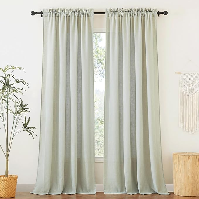 RYB HOME Green Linen Sheer Curtains 70 inches Widith, Light Filtering Vertical Decorative 84 Inches Long 2 Panels Set Window Treatments for Bedroom, Sage Green, W 70 x L 84 inches