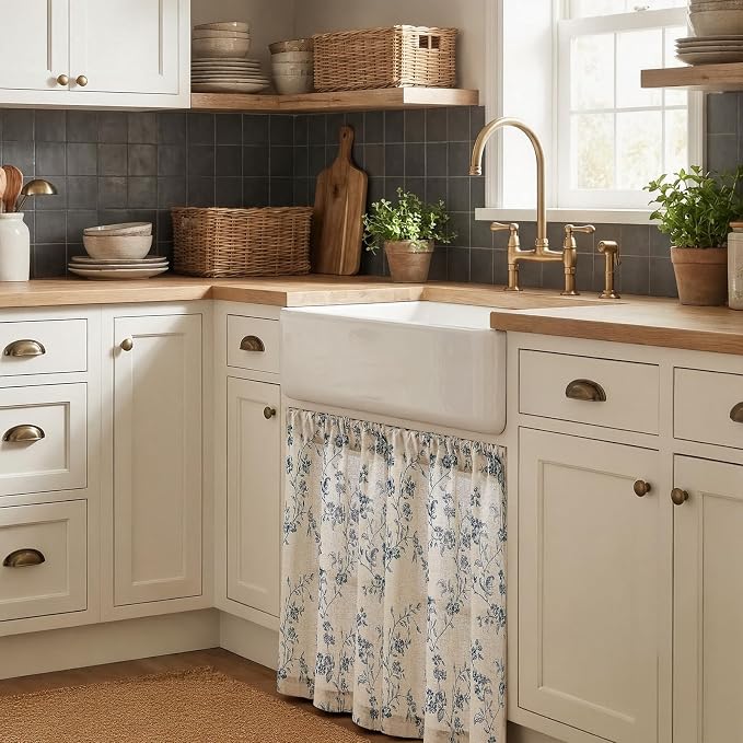 Blue on Beige Linen Kitchen Curtains Rod Pocket 26W X 36L 2 Panels | Elisa - Image 2