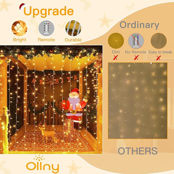 Ollny 2 Pack Curtain String Lights Warm White, 400LED 6.6x6.6ft Fairy Lights With Remote 8 Modes, Hanging Outdoor Waterproof, USB Power Wall for Bedroom Indoor Backdrop Window