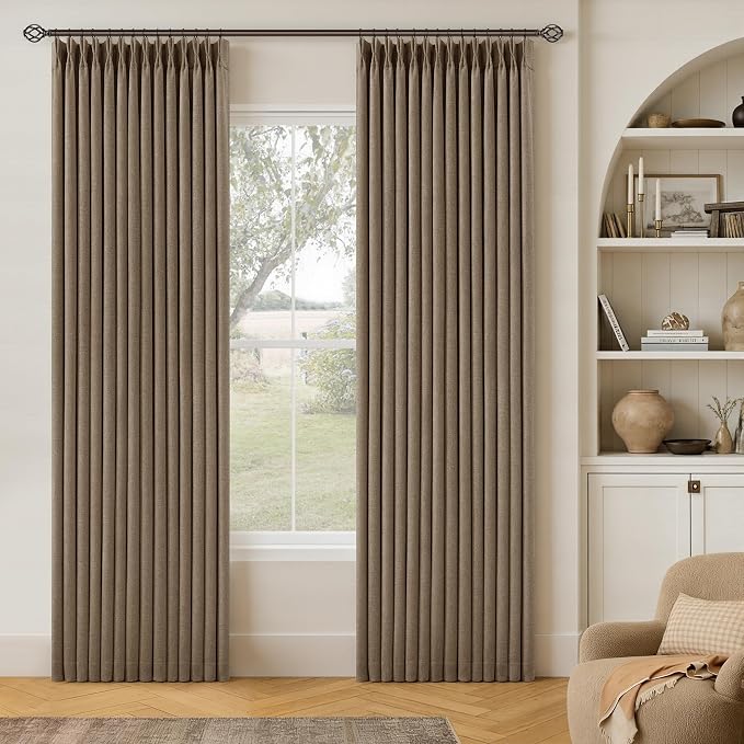 Latte Pinch Pleated 100% Blackout Linen Bedroom Curtains 86 Inch Length | by Twodrapes