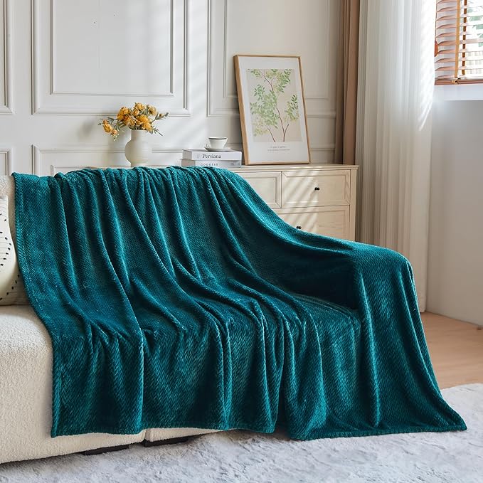 NEWCOSPLAY Super Soft King Blanket Dark Teal Premium Silky Flannel Fleece Leaves Pattern Lightweight Bed Blanket All Season Use (Dark Teal, King(90"x110"))