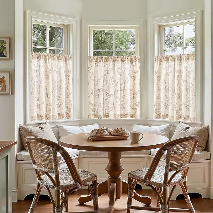 Taupe on Beige Linen Kitchen Curtains Rod Pocket 26W X 36L 2 Panels | Elisa - Image 3