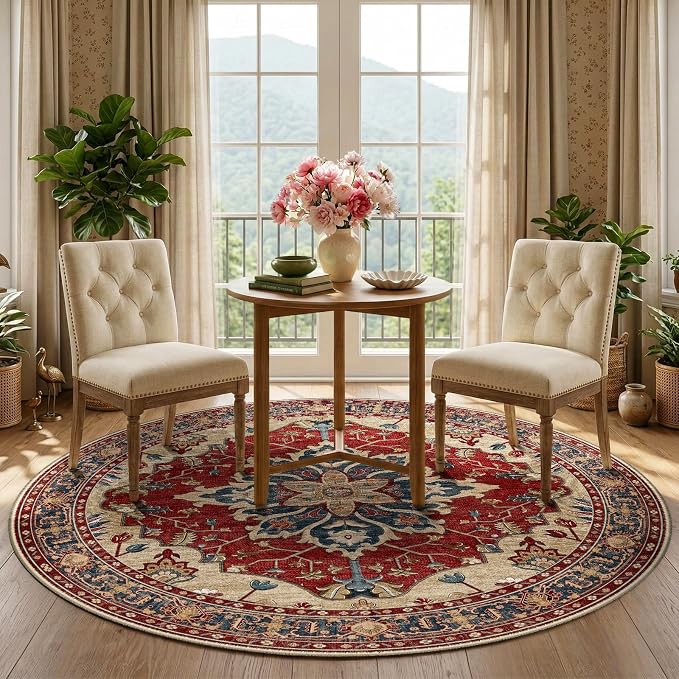 RELEANY Washable Area Rug, Round 5ft, Water Repellent, Pet Friendly, Vintage - Image 3