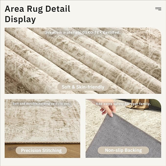 Soalmost Washable Area Rug 8x10 Large Soft Living Room Rugs Light Brown | - Image 6