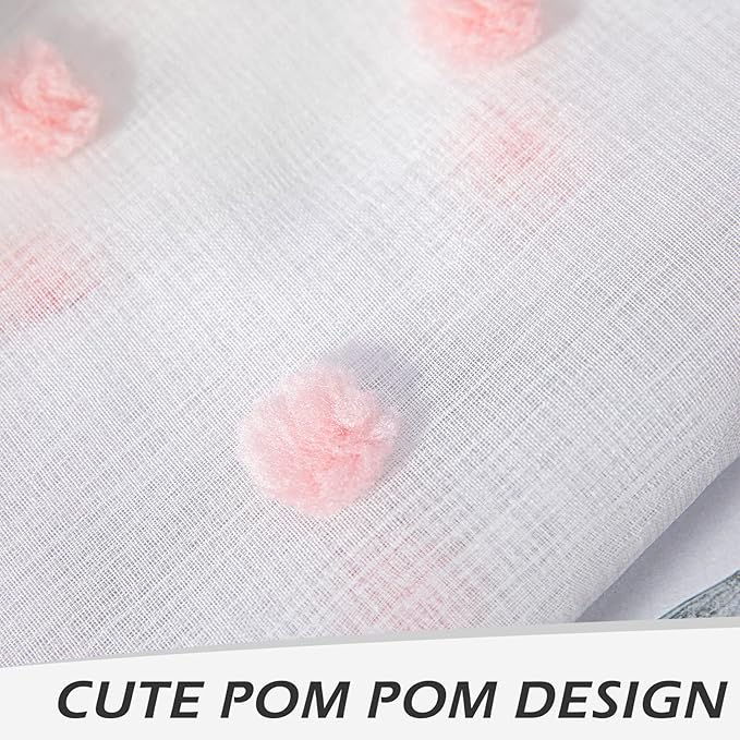 MYSKY HOME 72 Inch Long Pink Pom Pom White Sheer Curtains for Bedroom Curtains for Baby Nursery Door Curtains for Doorway 2 Panels Light Filtering Rod Pocket Semi Window Drapes 52 x 72 inch
