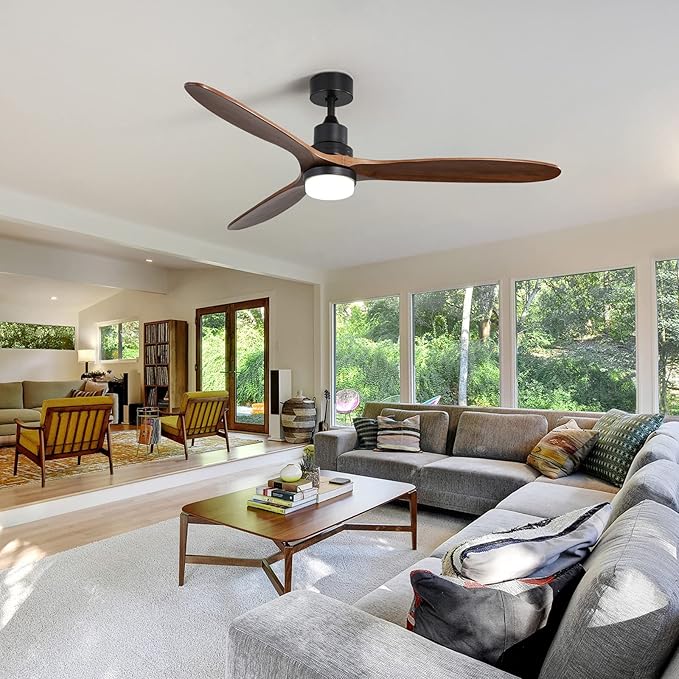Sofucor 60 Inch Ceiling Fans with Lights, Walnut Solid Wood Ceiling Fan with Light Remote Control, Indoor/Outdoor Ceiling Fan with Reversible DC Motor, 3 Blade Fan Light for Bedroom Patio Farmhouse
