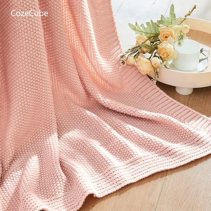 CozeCube Pink Seed Stitch Throw Blanket 60"x80", Farmhouse Decor | Blanket - Image 5