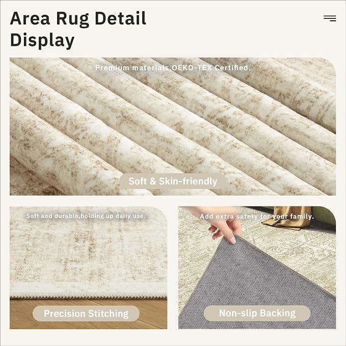 Soalmost 5x7 Area Rugs Beige/Ivory Washable Trendy Faded Style Floral Rugs | - Image 6