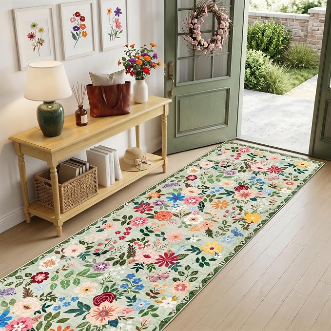 PLHXFR 2.6x14 Washable Runner Rug：Floral Indoor Kitchen Soft Carpet Green | - Image 2
