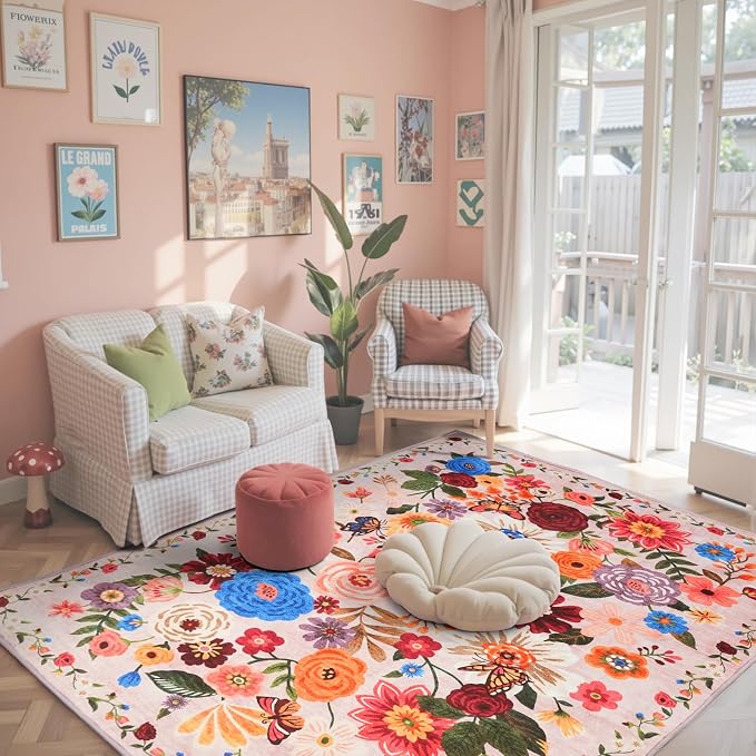 Blush Floral Entryway 3x5 Rug for Bathroom Bedroom Washable Rug | Non Slip Soft - Image 6