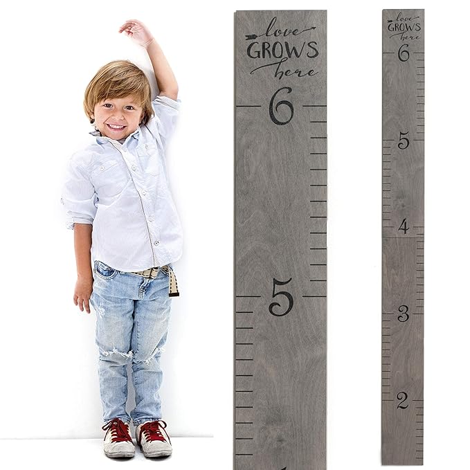 HEADWATERS STUDIO Wooden Growth Chart for Wall - Height Growth Chart for Kids, Kid Height Wall Chart, Height Measurement for Wall, Height Chart for Kids - Love Grows Here, Skinny Grey (63""x5.75"")
