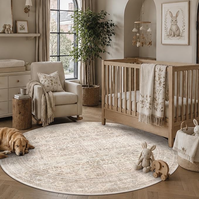 Schweek 6ft Round Area Rug Washable Neutral Non-Slip Living Room Rug Beige | by Schweek