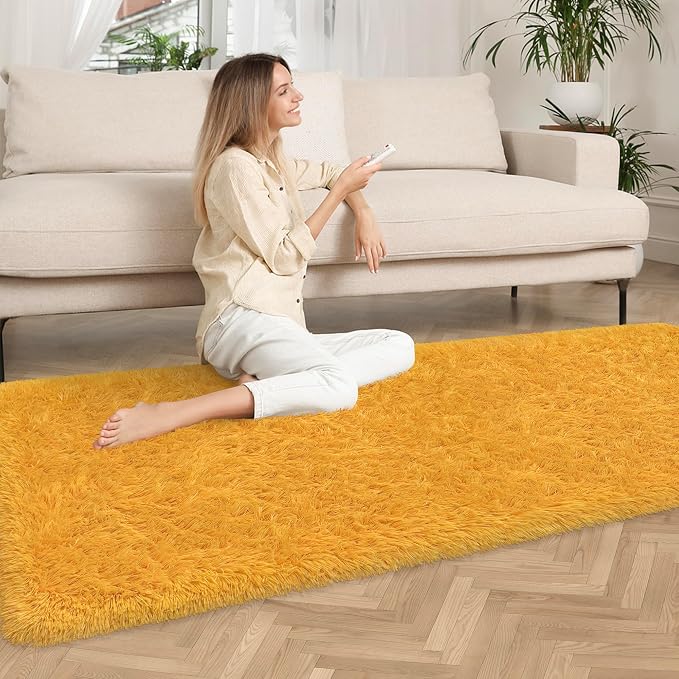 2x6 Bedside Area Rugs for Bedroom Soft Fluffy Shag Beige Yellow Carpet for - Image 2