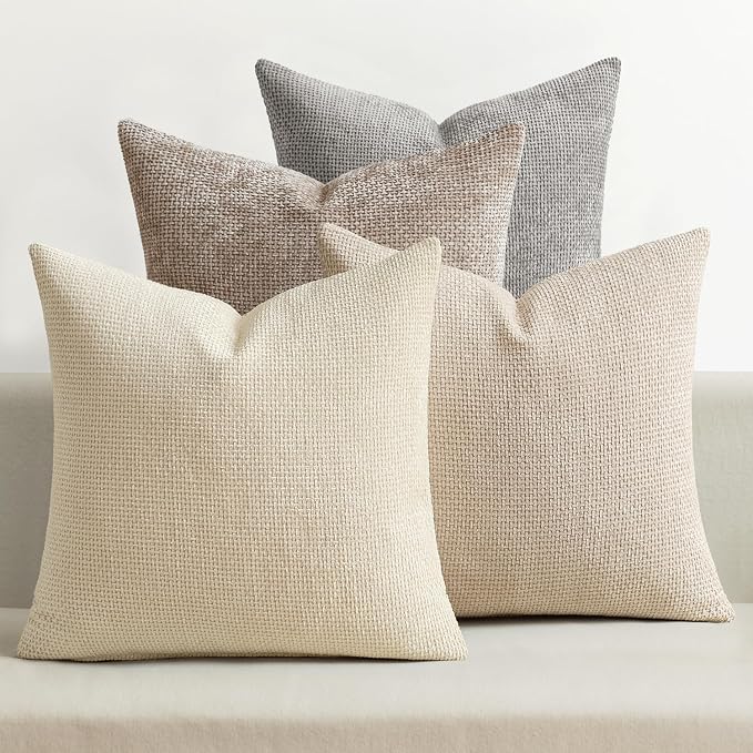 MIULEE Decorative Chenille Pillow Covers Neutral Beige 16x16 Pack of 4 | Modern by MIULEE