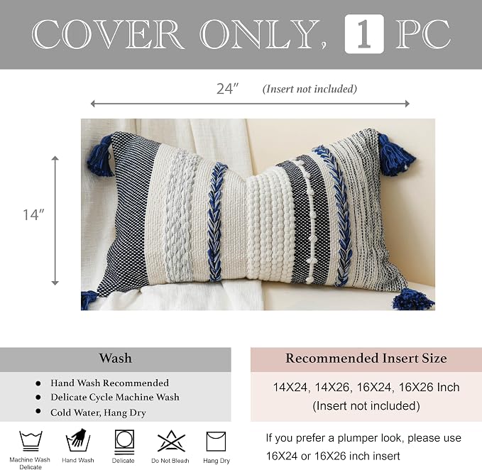 Decorative Lumbar Throw Pillow Cover 14x24 Boho Dark Blue Accent Cushion - Image 5