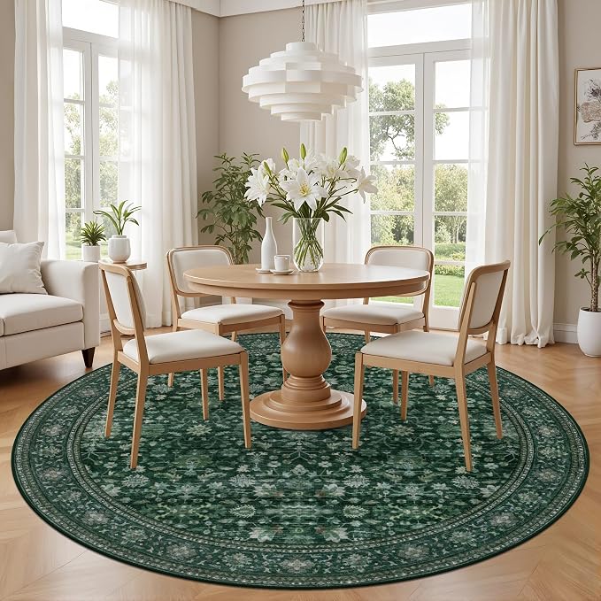 Round Area Rug for Living Room: 4ft Boho Washable Rug Deep Green | Vintage Boho - Image 3