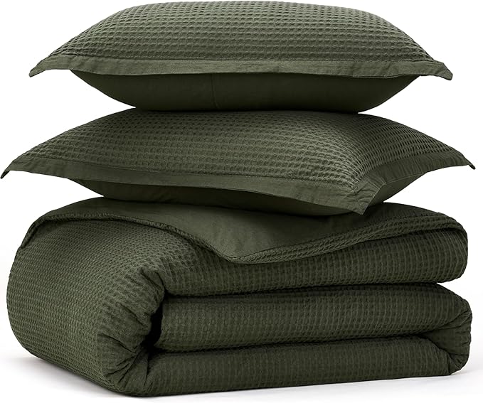 Bedsure Cotton Duvet Cover Set - 100% Cotton Waffle Weave Olive Green Duvet Cover Oversized Queen Size, GentleSoft™ and Breathable Bedding Set for All Season, 3 Pieces, 98"x98"