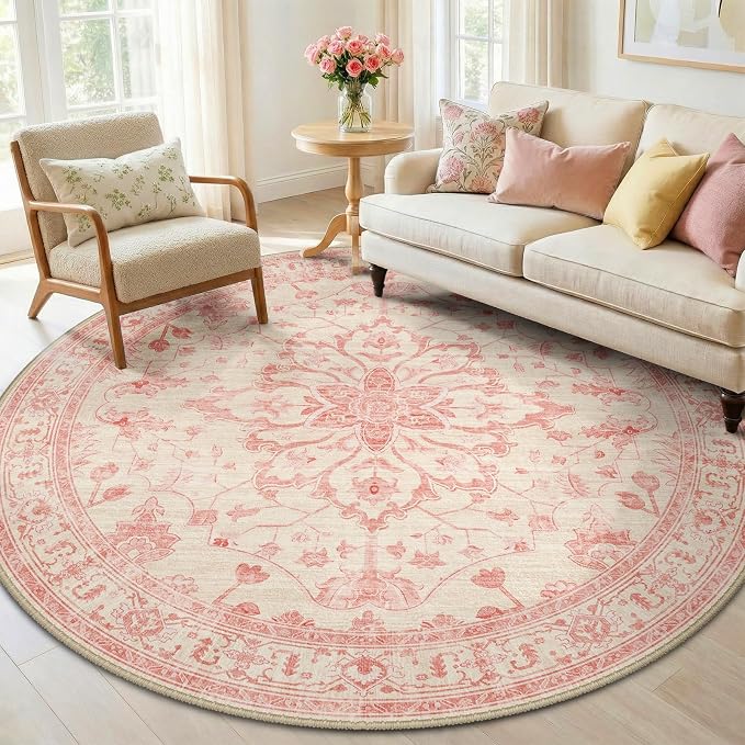 RELEANY Washable Area Rug, Round 6ft, Water Repellent, Pet Friendly, Vintage by RELEANY