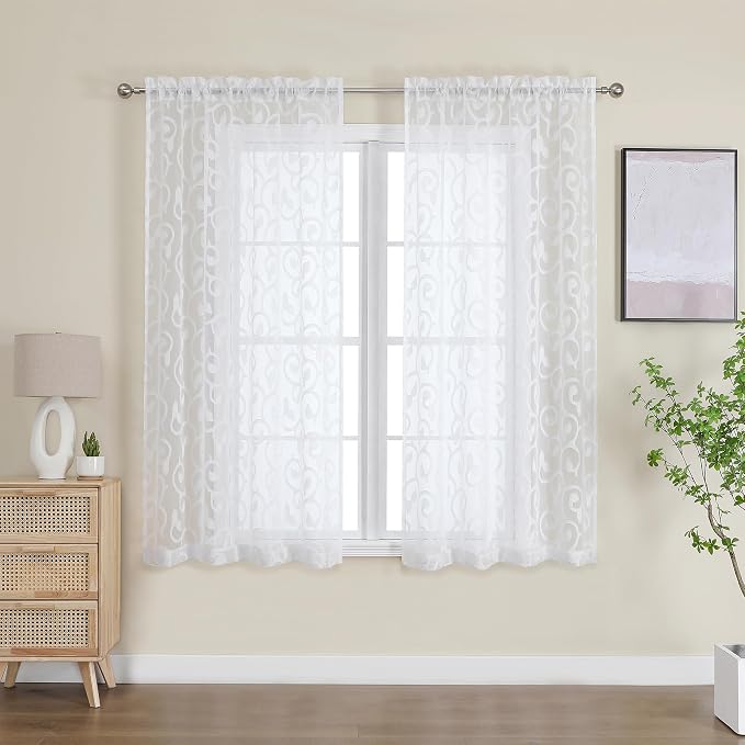 Furman White Sheer Curtains 54 Inch Length 2 Panels Set - Image 2