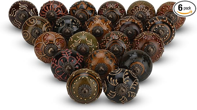 Dresser Knobs for Cabinets and Drawers Assorted, Dusty Ceramic Knob & Pull Handle for Kitchen Brown Cupboard Wardrobe Decorative Furniture Knobs - Pack of 6 (Dark Brown)